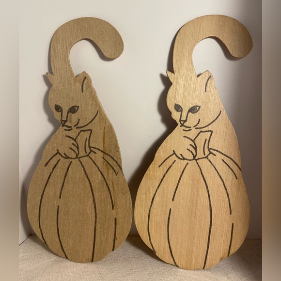 Vintage Wooden Cat and Pumpkin Wall Decor fall Halloween unfinished folk art 90s - Picture 1 of 11